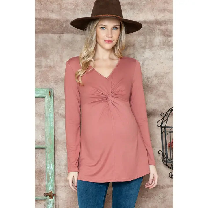 V-Neck Knotted Twist Long Sleeve Shirt