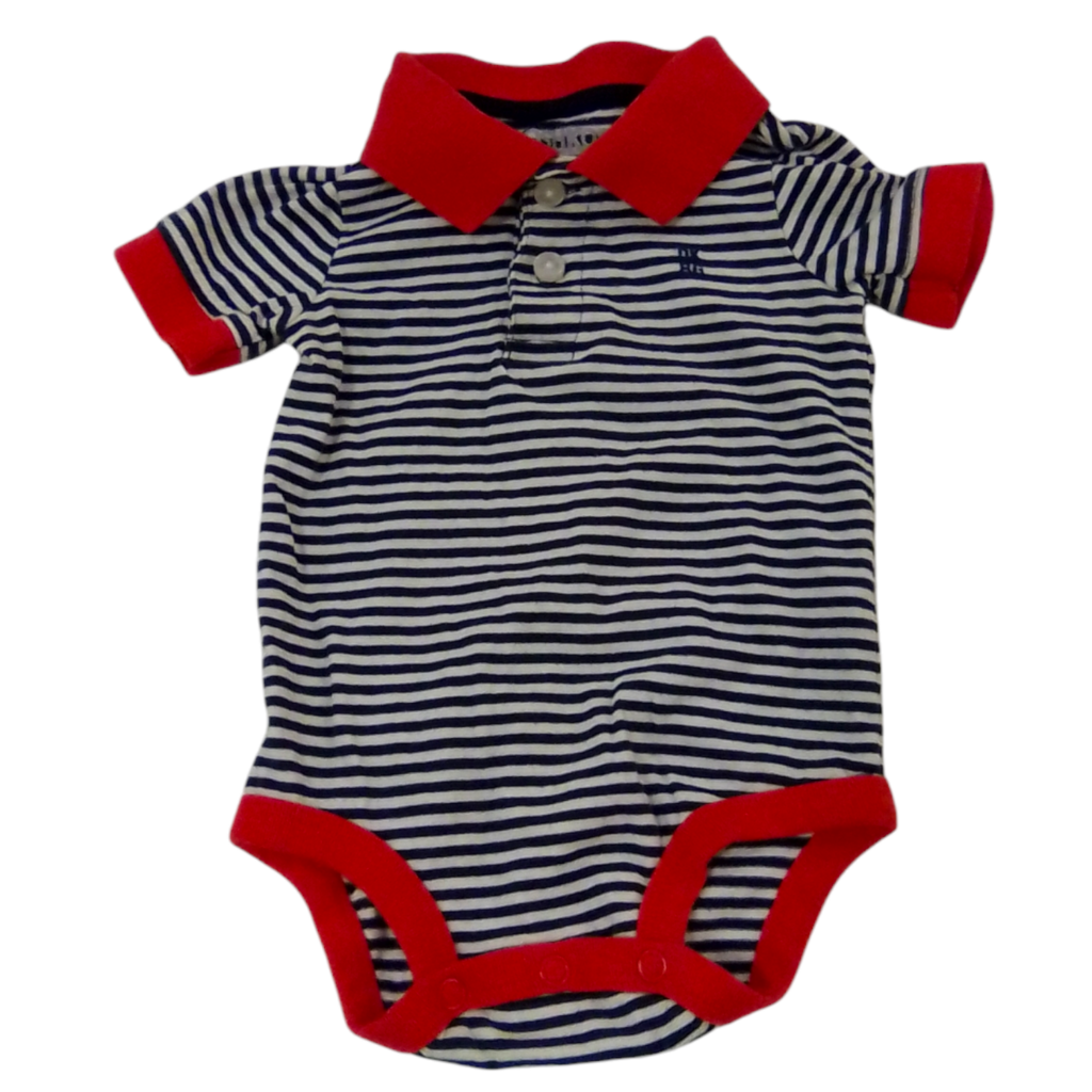 Onesie: Red Black Stripes, Boy, Size: 6m