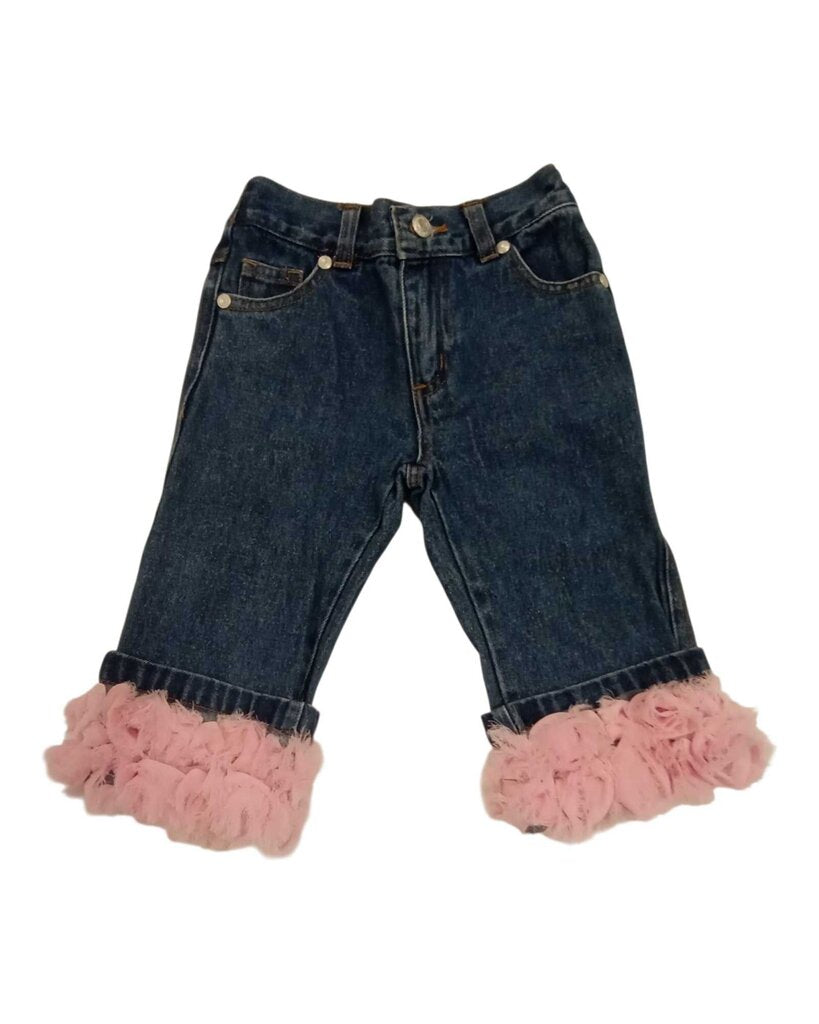 Pants: Denim Pink Roses Ruffle Bottoms