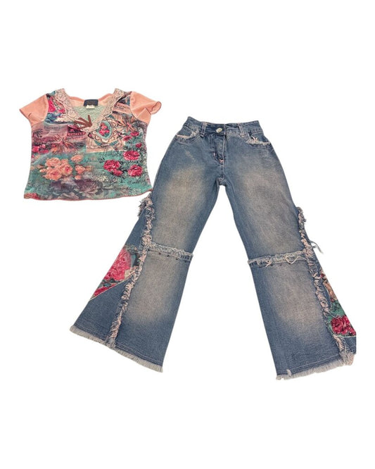 2pc Velvet Top and patched denim pants